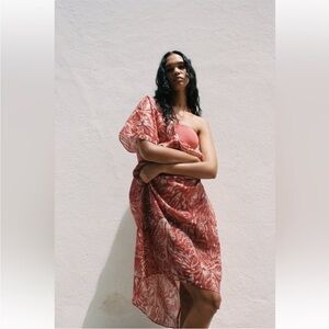 Zara  Ramie Tunic Dress Kaftan Long Brick Red Cream Oversized